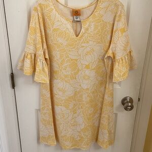 Ruby Rd. Yellow and White Floral Keyhole Midi Dress with Ruffle Sleeves